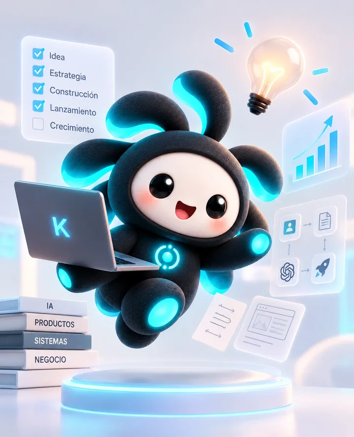 KAI con su laptop, rodeado de tareas, ideas y gráficos de avance
