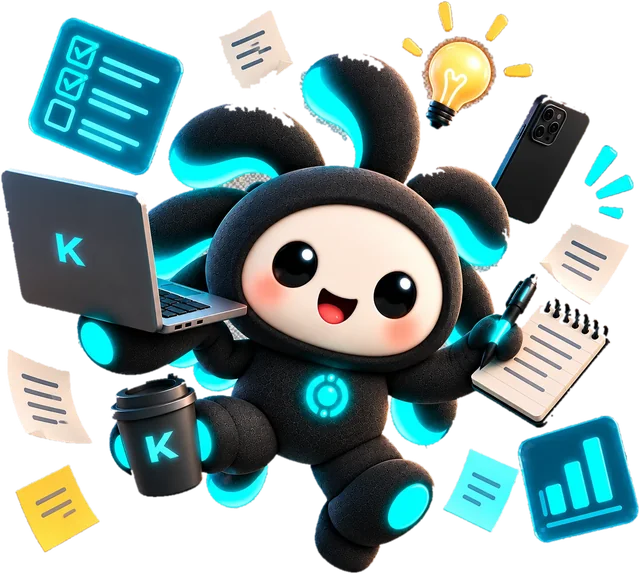 KAI haciendo malabares con una laptop, un café, el teléfono, notas e ideas